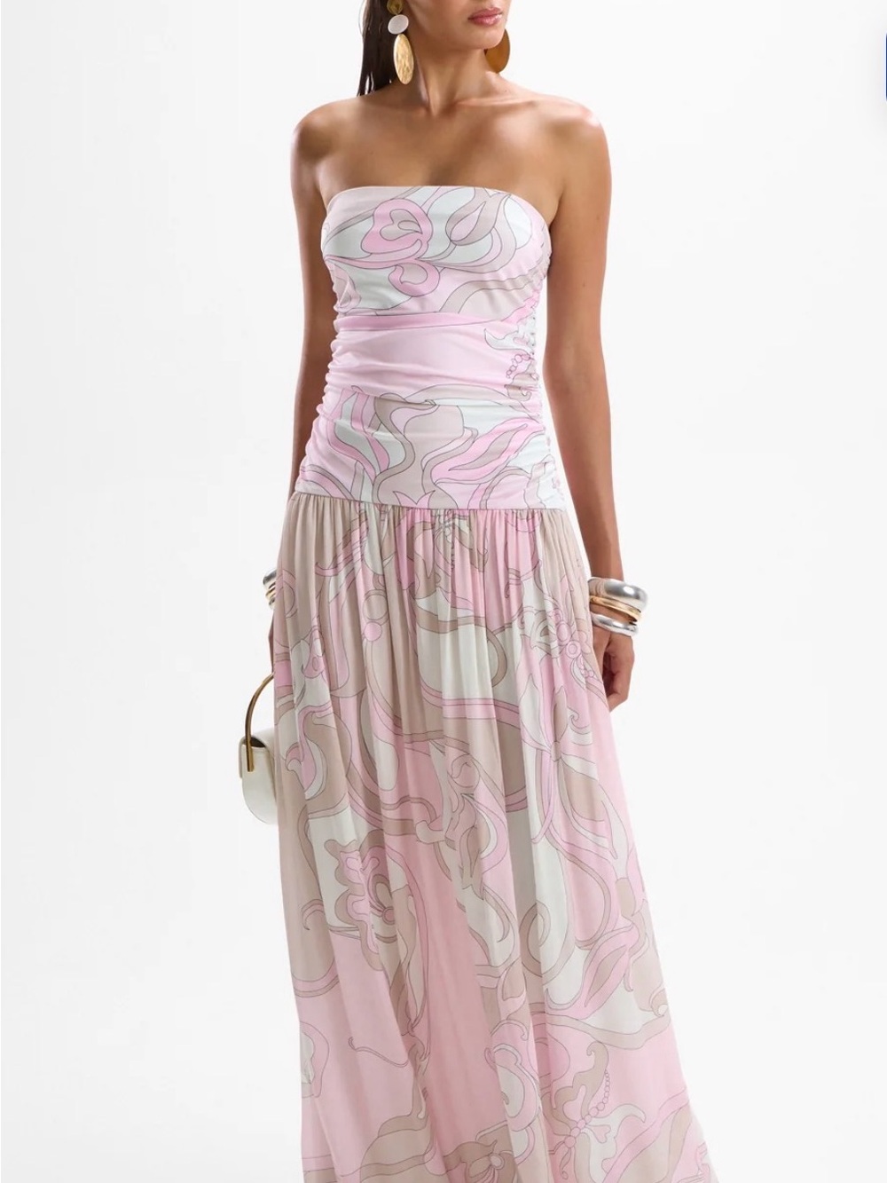 Strapless Pink & Cream Printed Maxi Dress
